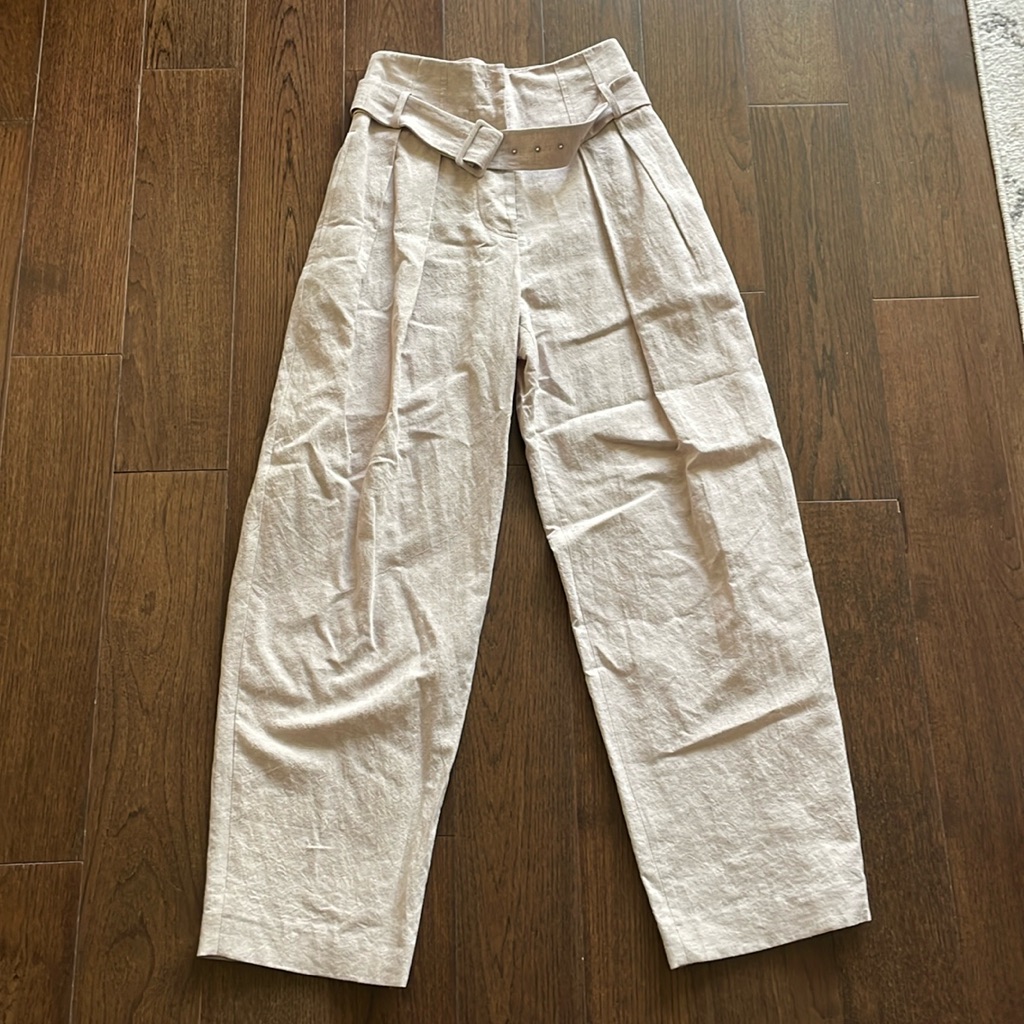 High-Waist Straight Leg Belted Pants - Cream